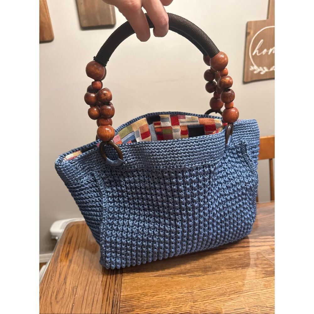 Blue Brown Wooden Bead Crochet Knit Lined Purse Tote Handbag One‎ Size